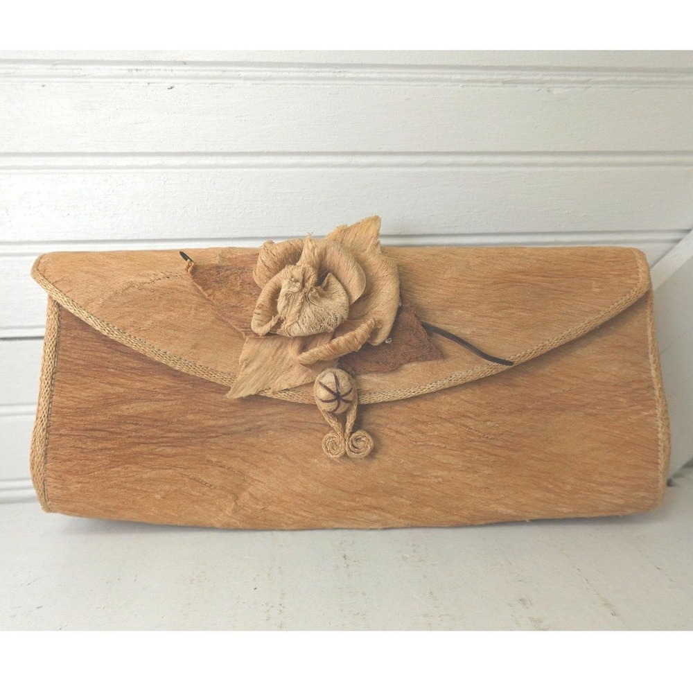 Vintage Tree‎ Bark Clutch Purse Burlap Lined Rose Tapa Salaga Paper Mulberry Bag